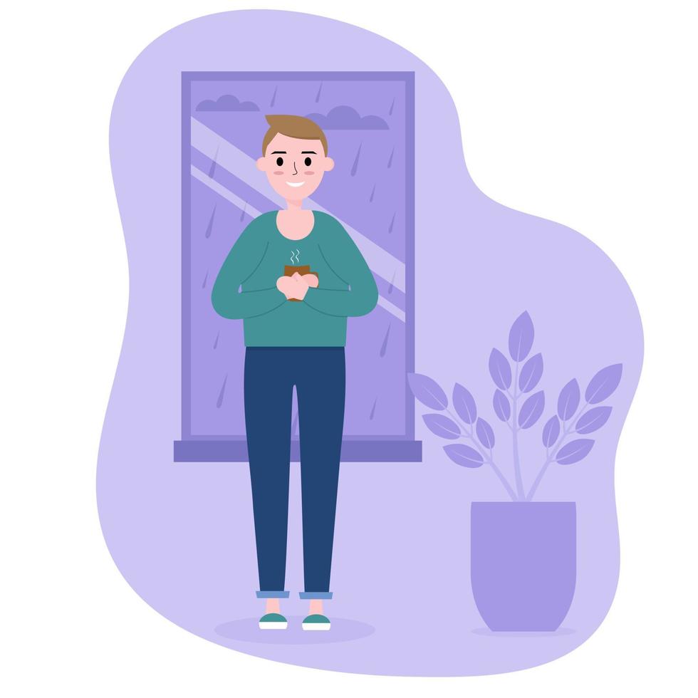 Flat character. Man with cup of tea or coffee standing near the window in rainy day. vector