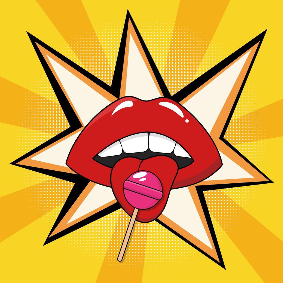 Vintage poster with lips and lollipop in pop art style. vector