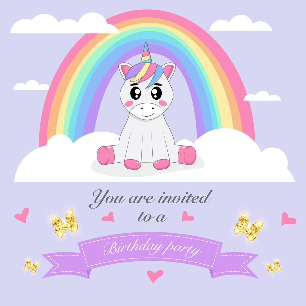 Birthday card with unicorn sitting on the cloud with rainbow behind the back vector