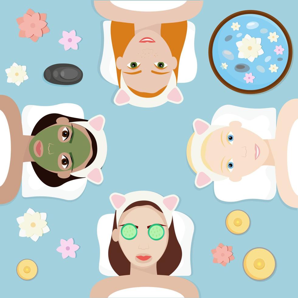 Girlfriends are relaxing in the spa center. Can be used for bachelorette or birthday invitations. vector