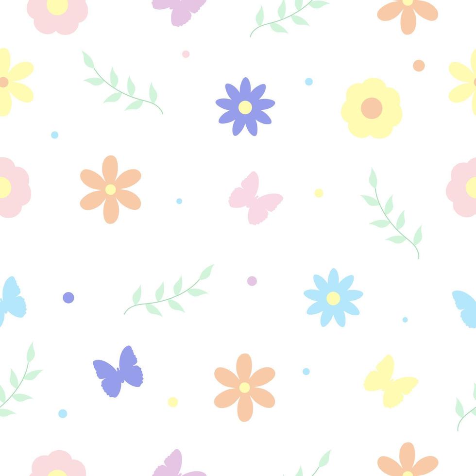 patrón sin costuras con mariposa, flores y hojas. vector
