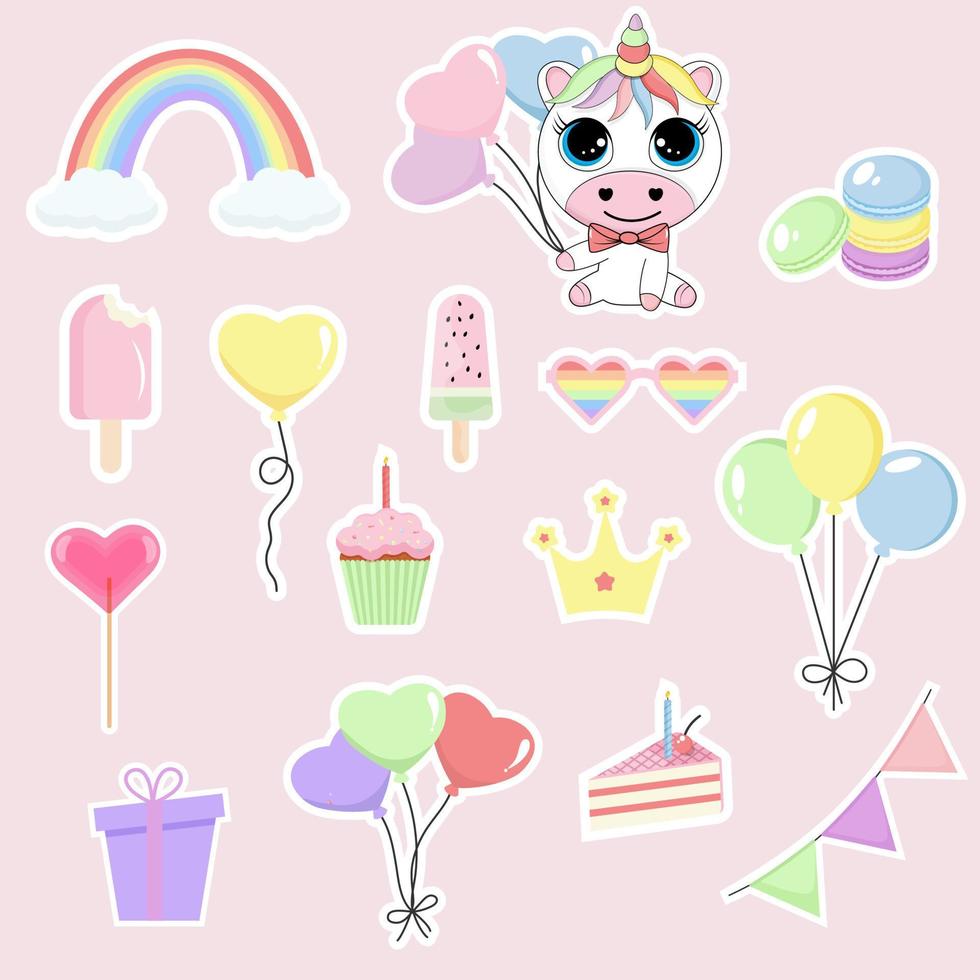 Birthday stickers set in pastel color. vector