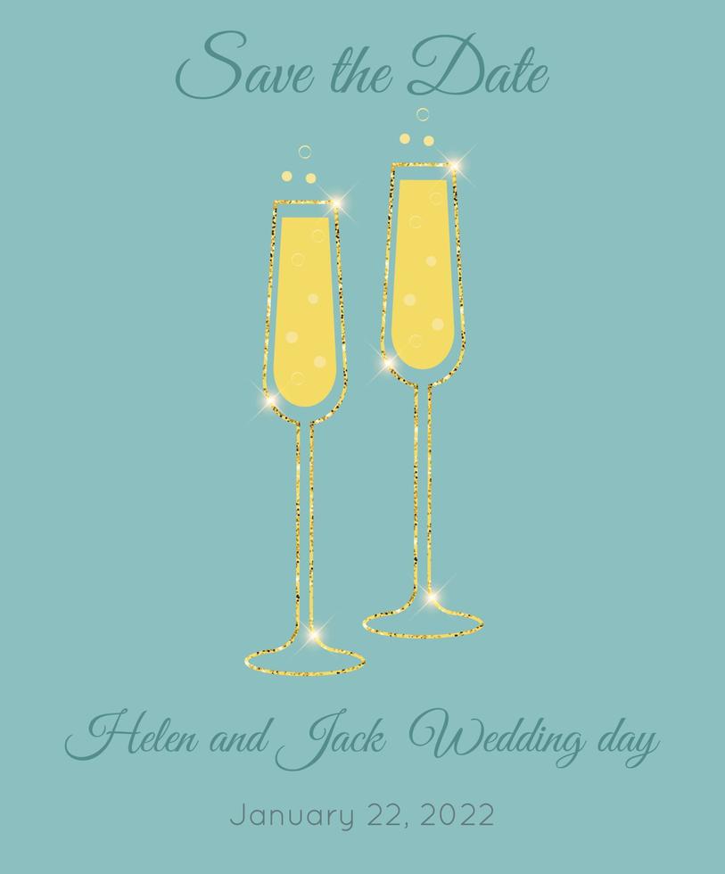 invitación de boda con dos copas de champán. vector