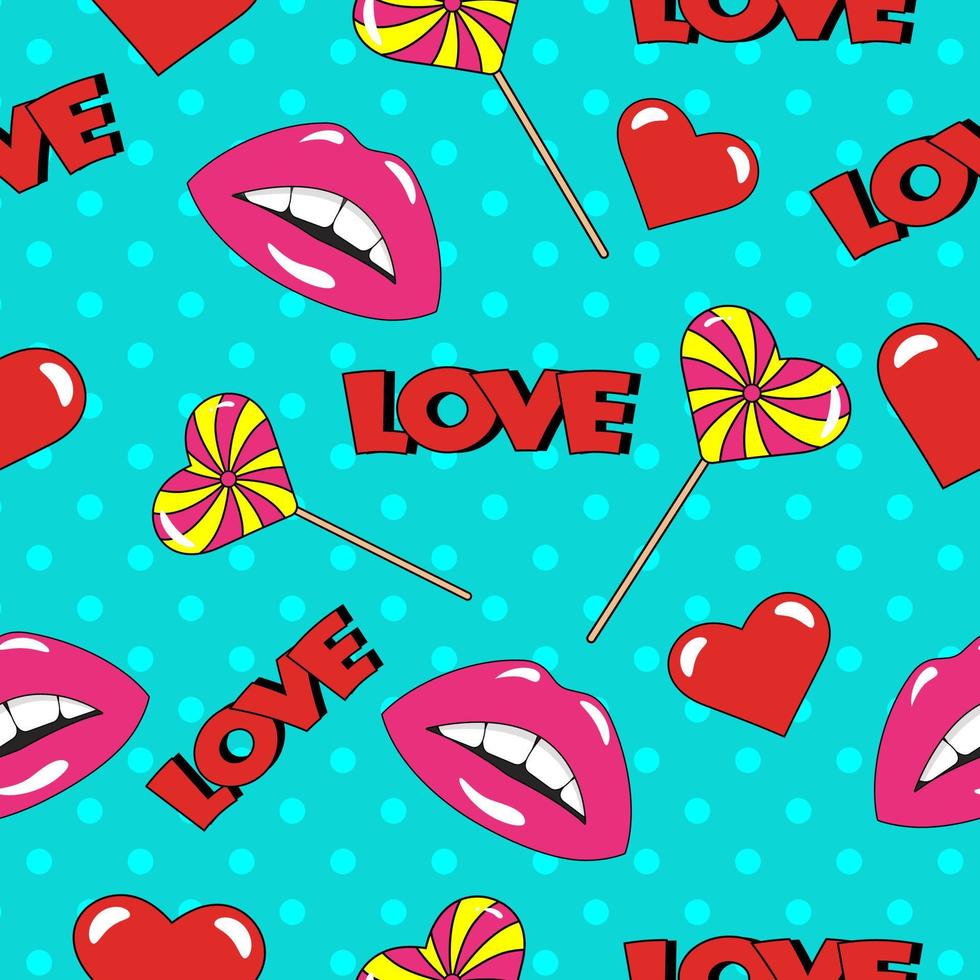 Seamless pattern with lips and lollipop in pop art style vector