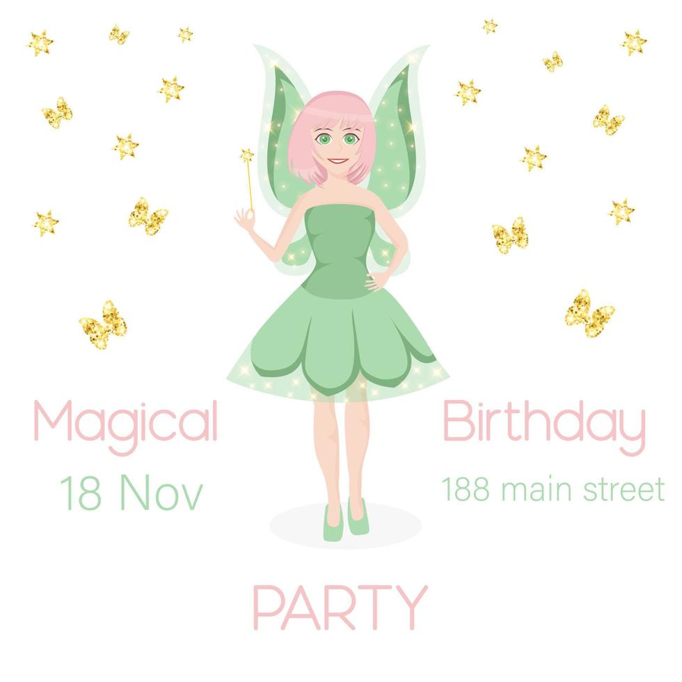 Birthday party invitation with cute little fairy. vector