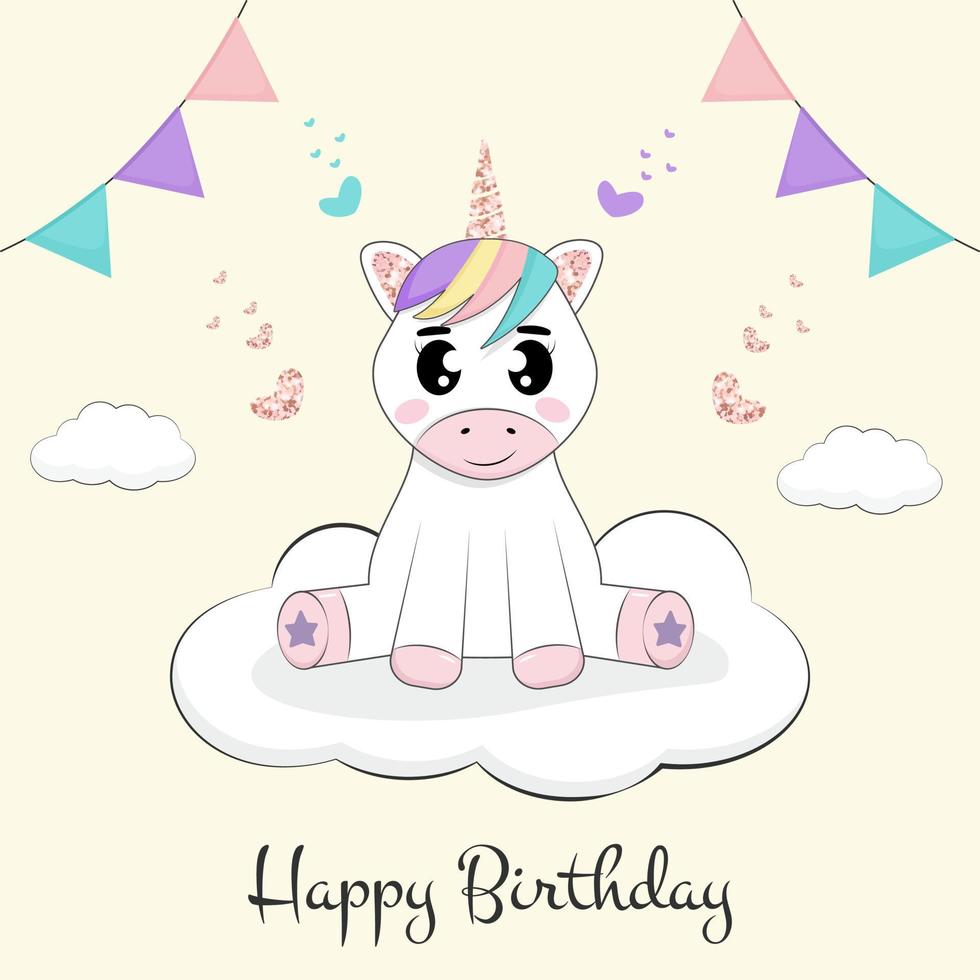 lindo unicornio sentado en la nube. invitación de cumpleaños o tarjeta de felicitación. vector