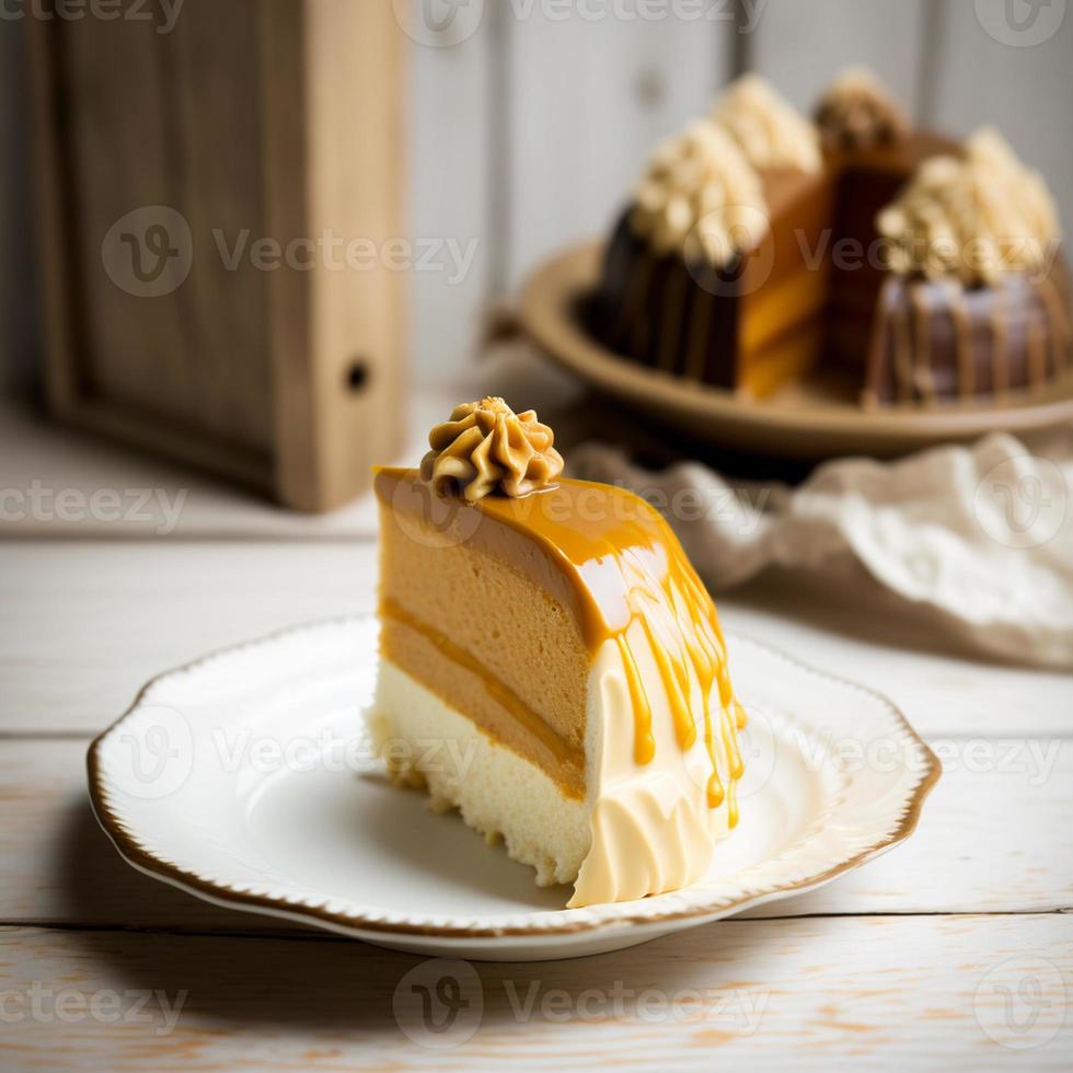 pastel de caramelo sobre fondo de madera blanca ai generativo foto