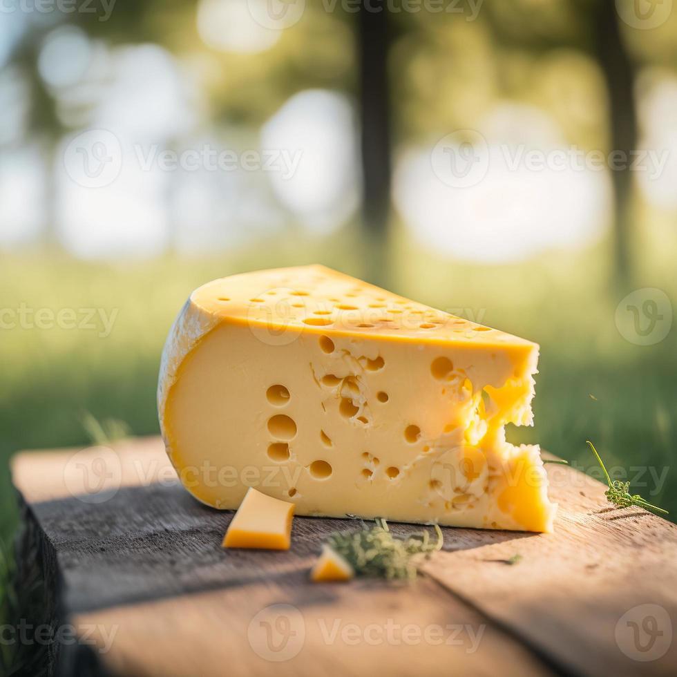 trozo de queso en madera y naturaleza fondo ilustración imágenes generativa ai foto