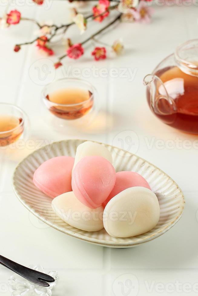 Songpyeon, Korean Chuseok Thanksgiving Day Rice Cake. Served with Tea. photo