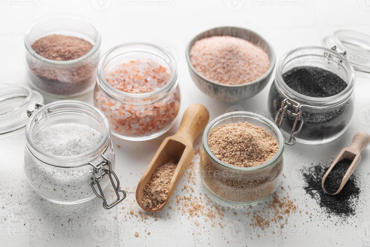 Jars with assorted speciality salt photo