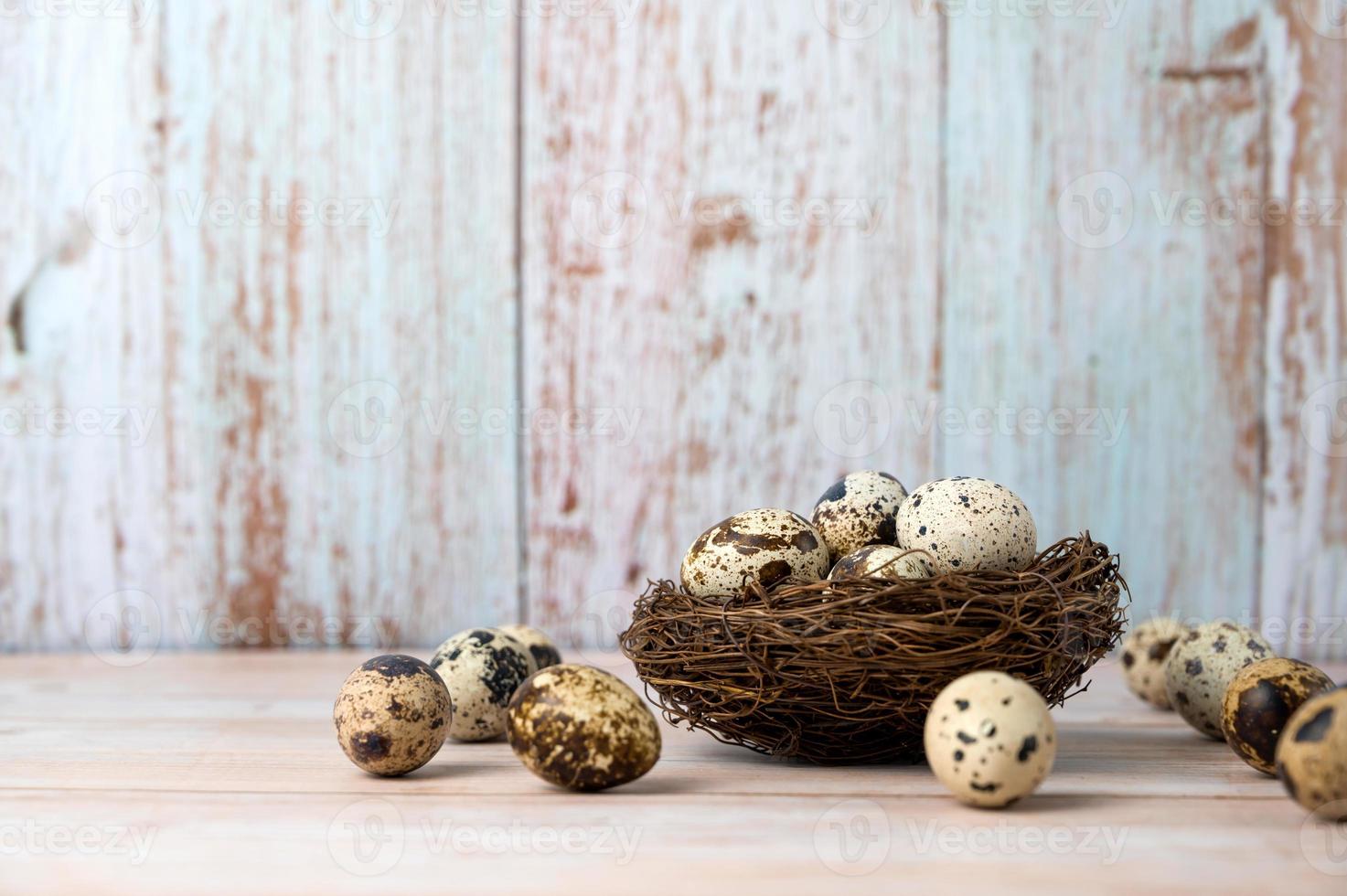 Fresh quail eggs. Rustic style on wood background. Easter banner with place for text photo