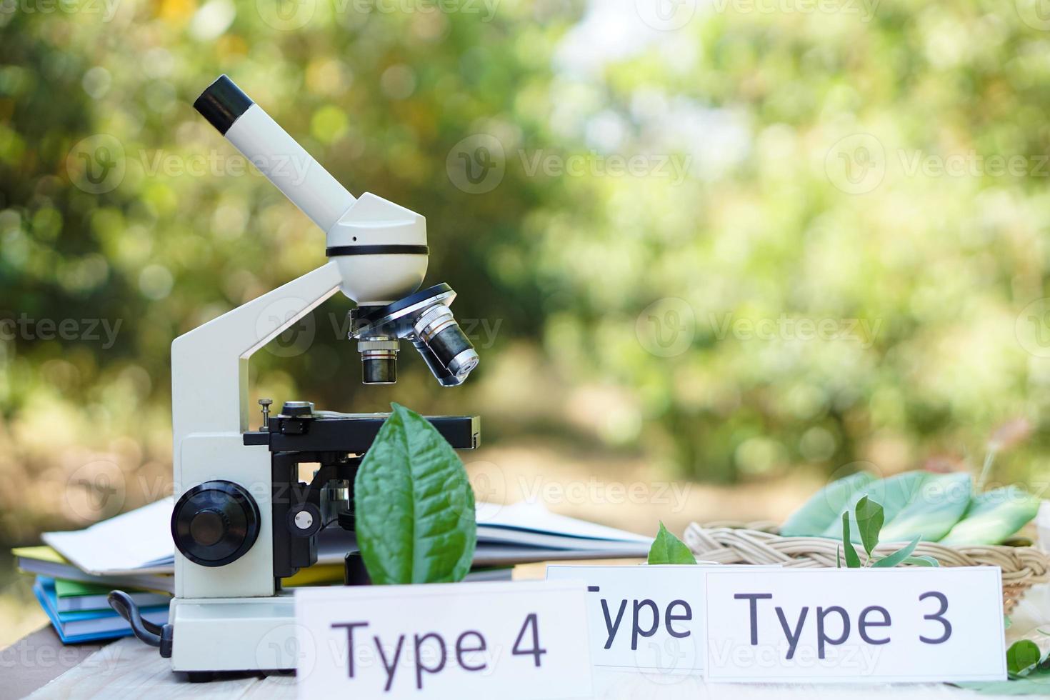Microscope for doing science experiment outdoor. Concept, scientific tool for education, lab lesson. Biology subject. Learning by doing. Doing research. Science project work. photo