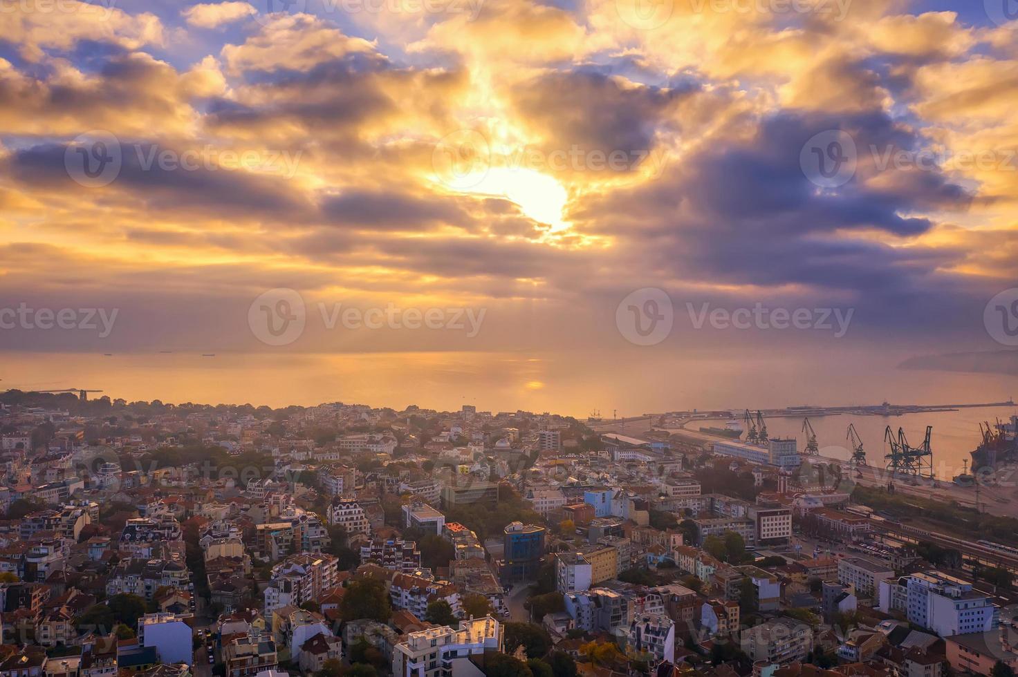 Amazing aerial view from the drone of the city and sea with beautiful clouds. Varna, Bulgaria photo