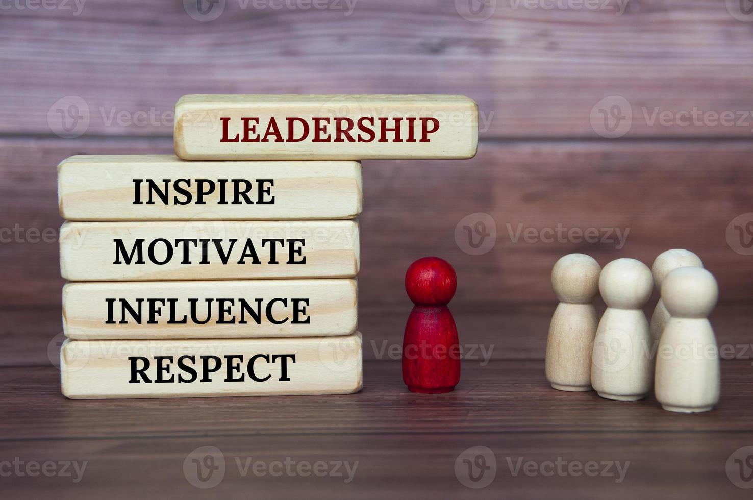 Leadership concept - Leadership, inspire, motivate, influence and respect text on wooden blocks with red and white wooden figure on wooden cover. photo