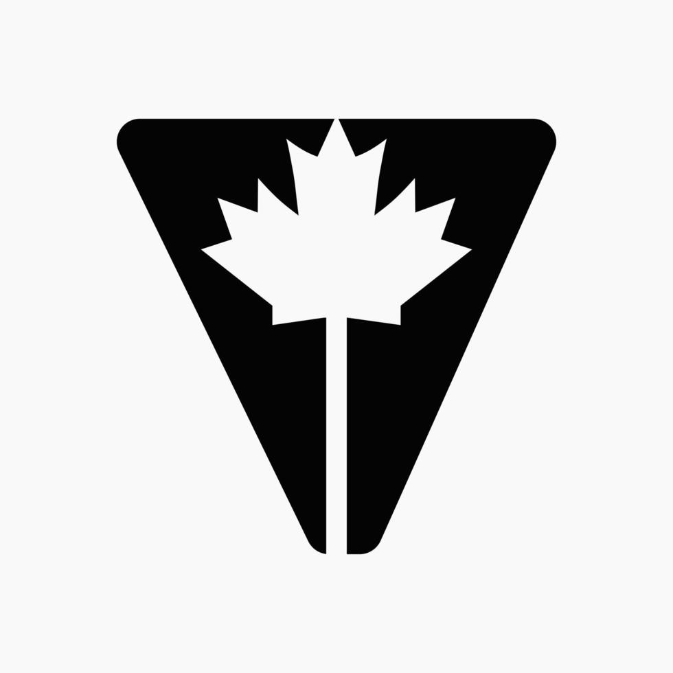 Canadian Red Maple Logo on Letter V Vector Symbol. Maple Leaf Concept For Canadian Company Identity