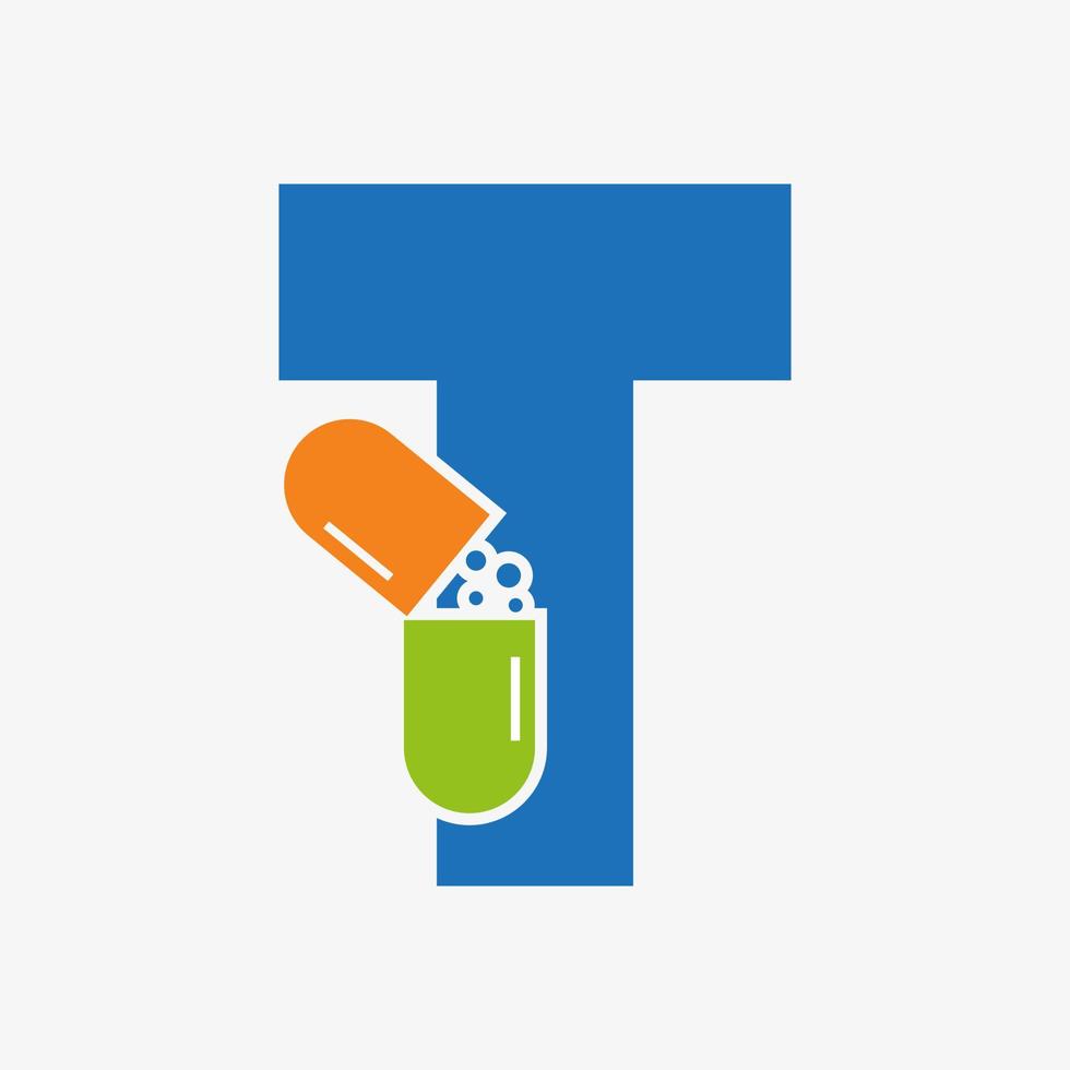 concepto de logotipo de tableta de medicina letra t para plantilla de vector de signo de logotipo de atención médica
