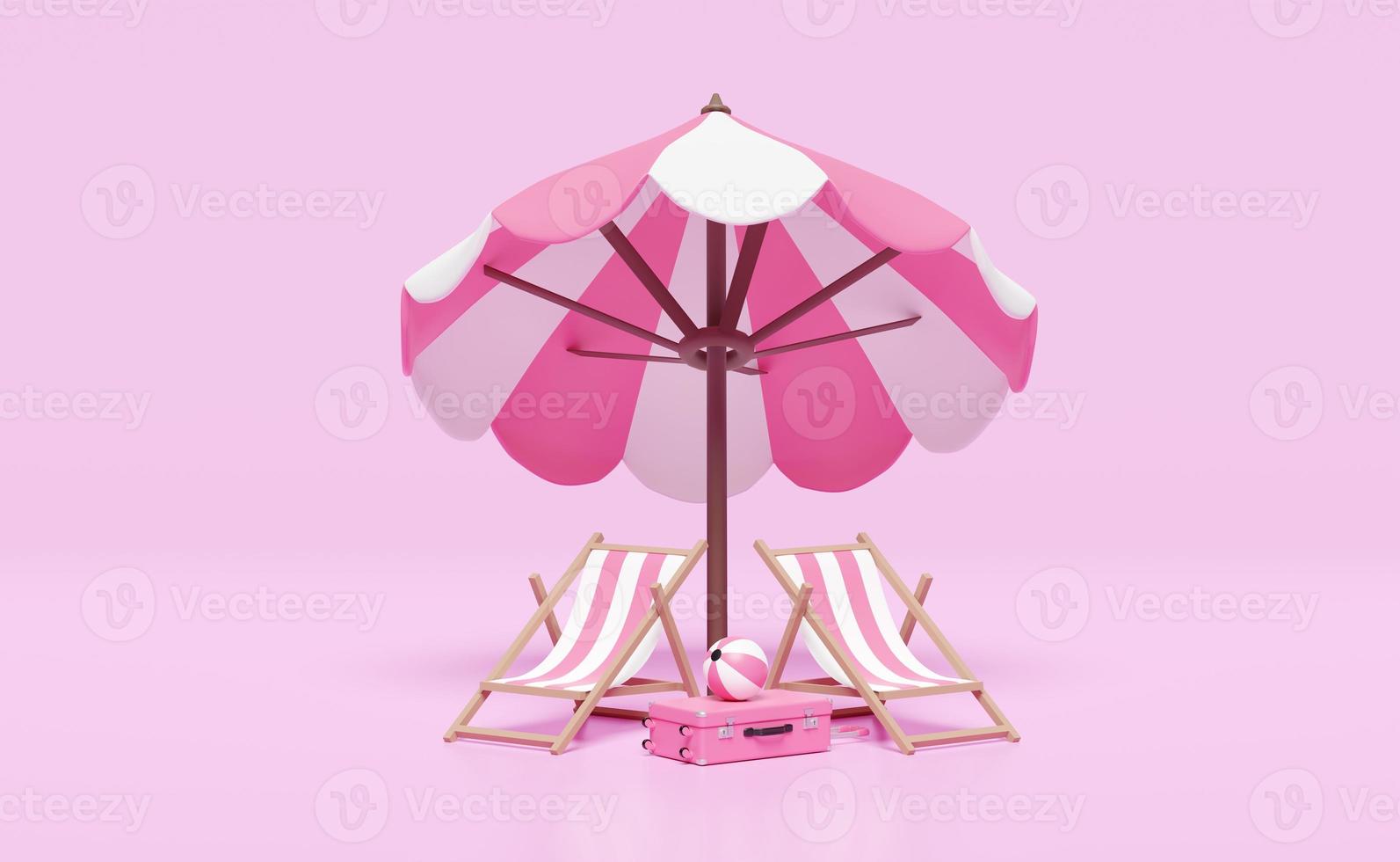 summer travel with suitcase, beach chair, umbrella, ball isolated on pink background. concept 3d illustration, 3d render photo