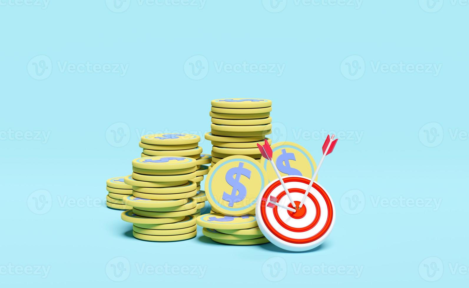 White red target with darts or arrow, pile money dollar coins isolated on blue pastel background. business goal concept, 3d illustration or 3d render photo