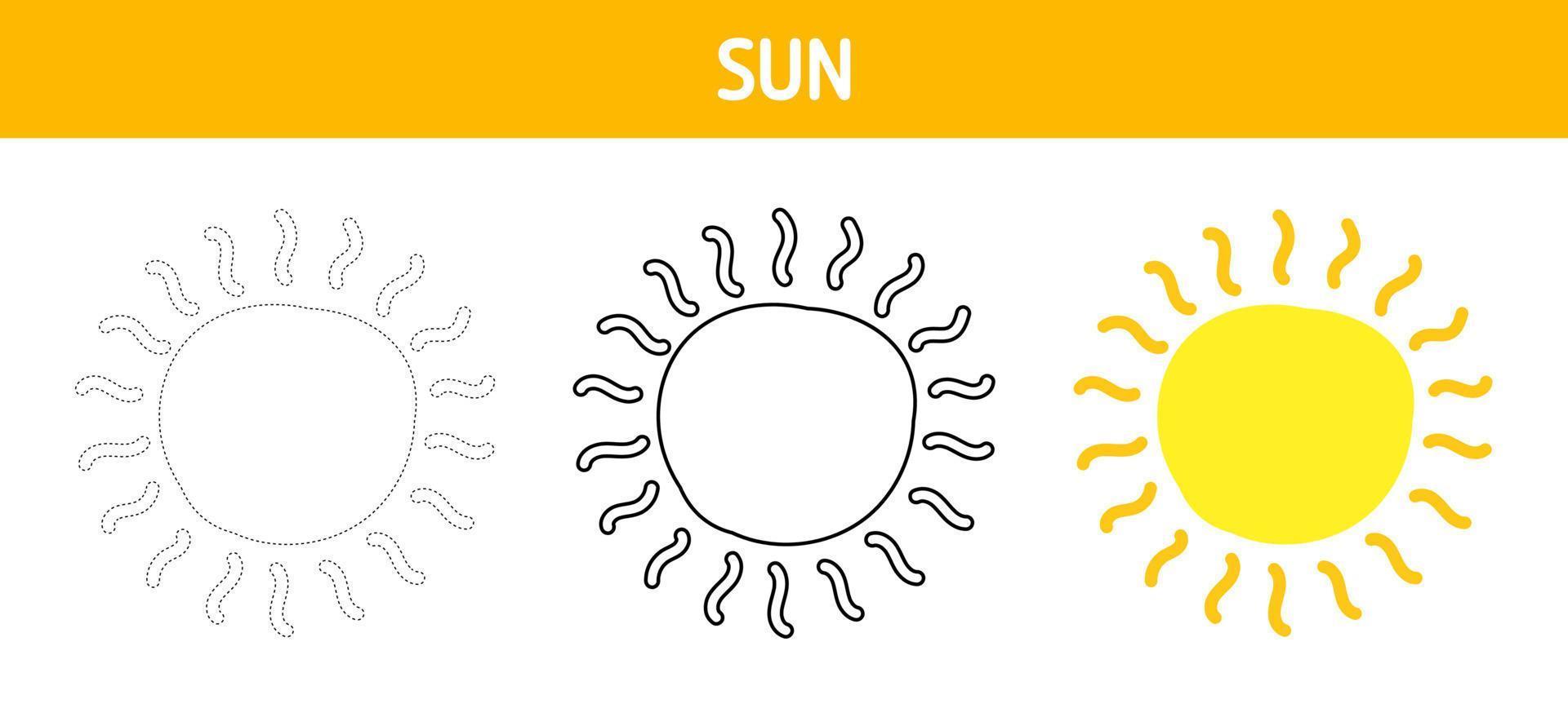 Sun tracing and coloring worksheet for kids vector