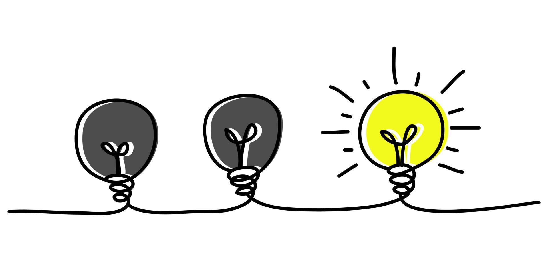 Doodle hand drawn light bulb icon with concept of idea. solution. isolated on white background. vector illustration