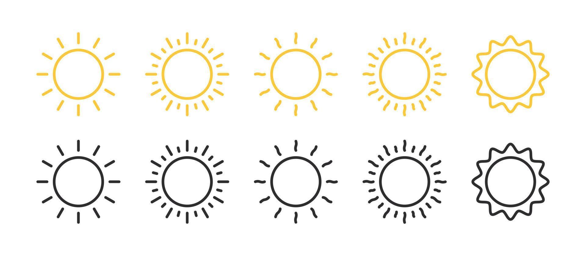 Sun icons set. Linear sun icons. Sun stars. Sunlight signs. Vector illustration