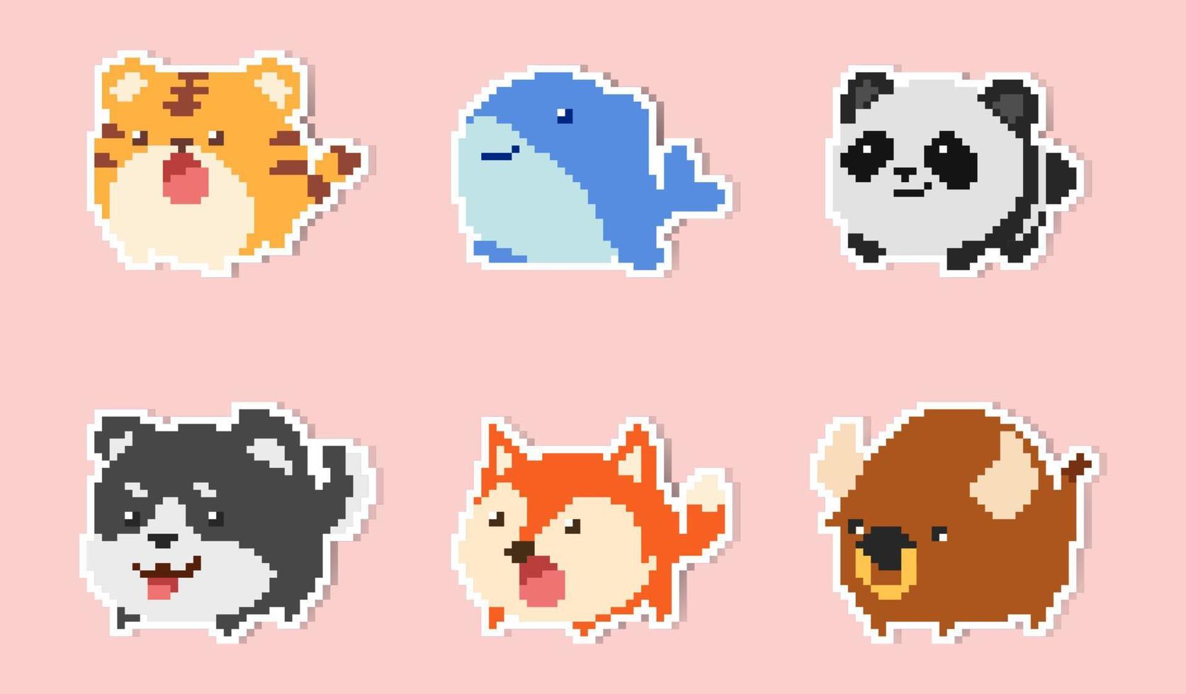 Cute and adorable pixel art style cartoon animal stickers set 2 vector