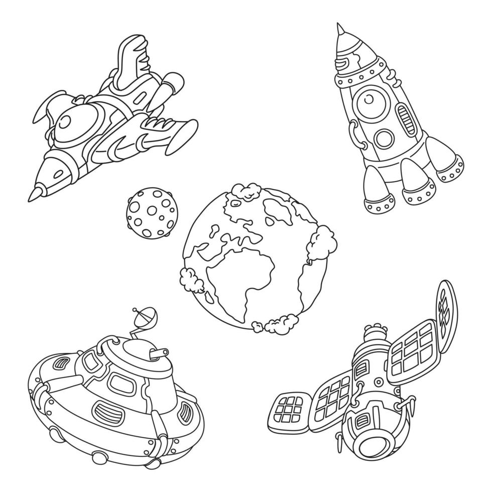 Coloring book for kids outer space earth rocket satellite and ufo vector