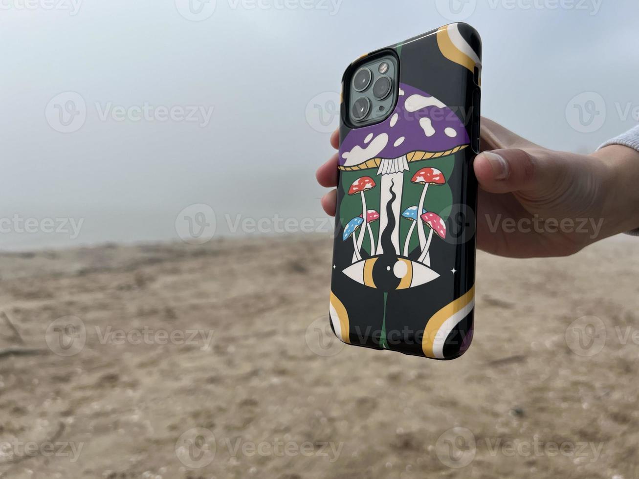 Phone Case Photography, Mockup For Case, Men Holding Mobile Photo, Beach Background With Fog, Jpg photo