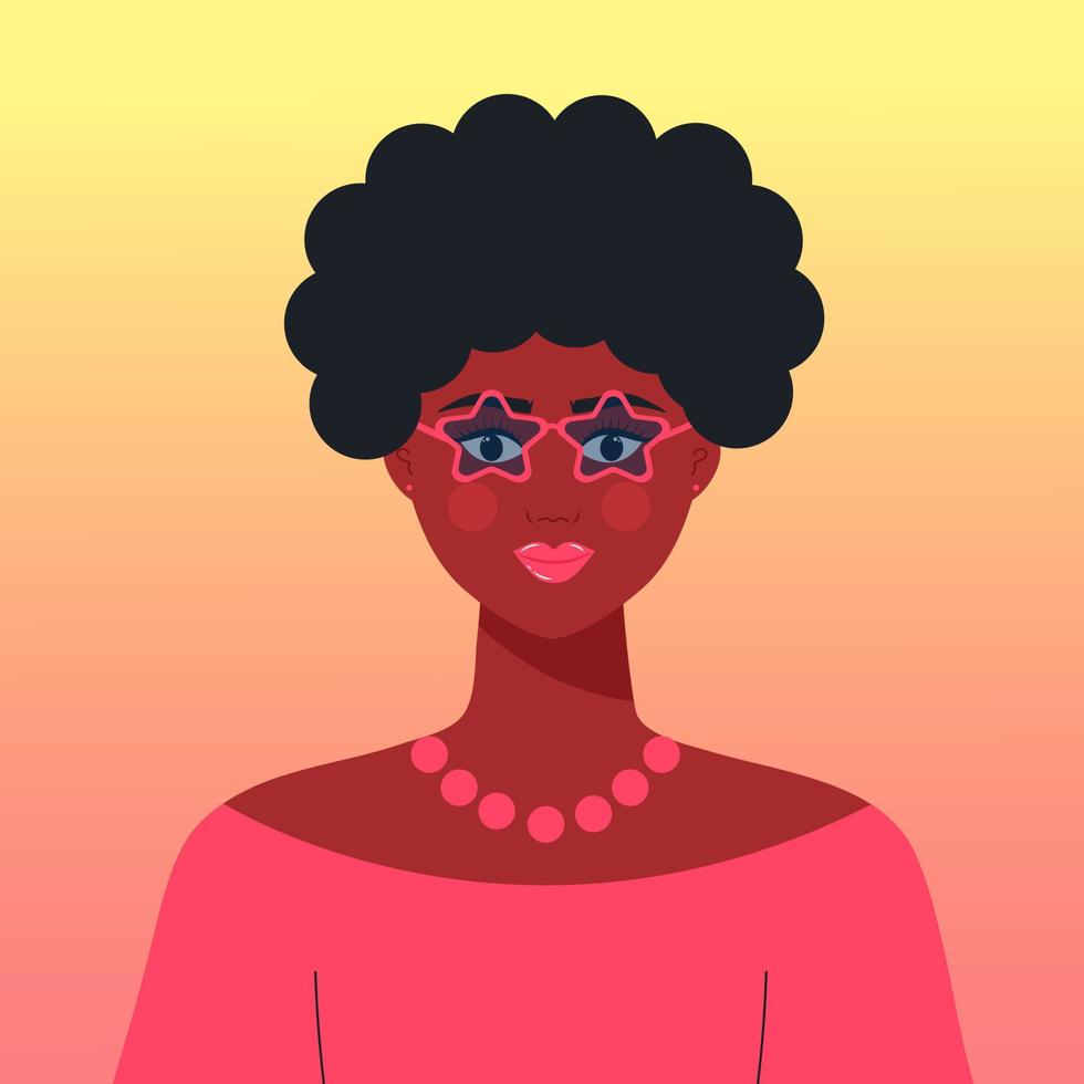 retrato de una joven y hermosa mujer africana. avatar de chica negra con gafas de estrella. vector