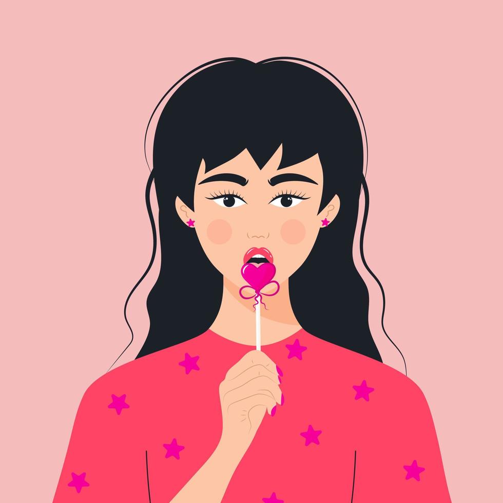 retrato de una mujer hermosa joven con piruleta de corazón. avatar de niña chupando piruleta para redes sociales. vector