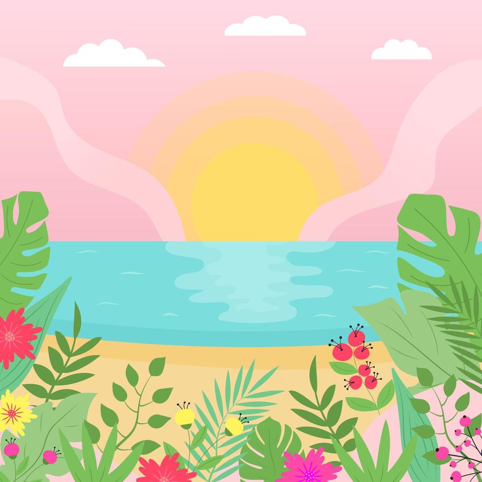 Summer exotic seascape with sunset and tropical flowers and plants. Cartoon flat panoramic landscape background. vector