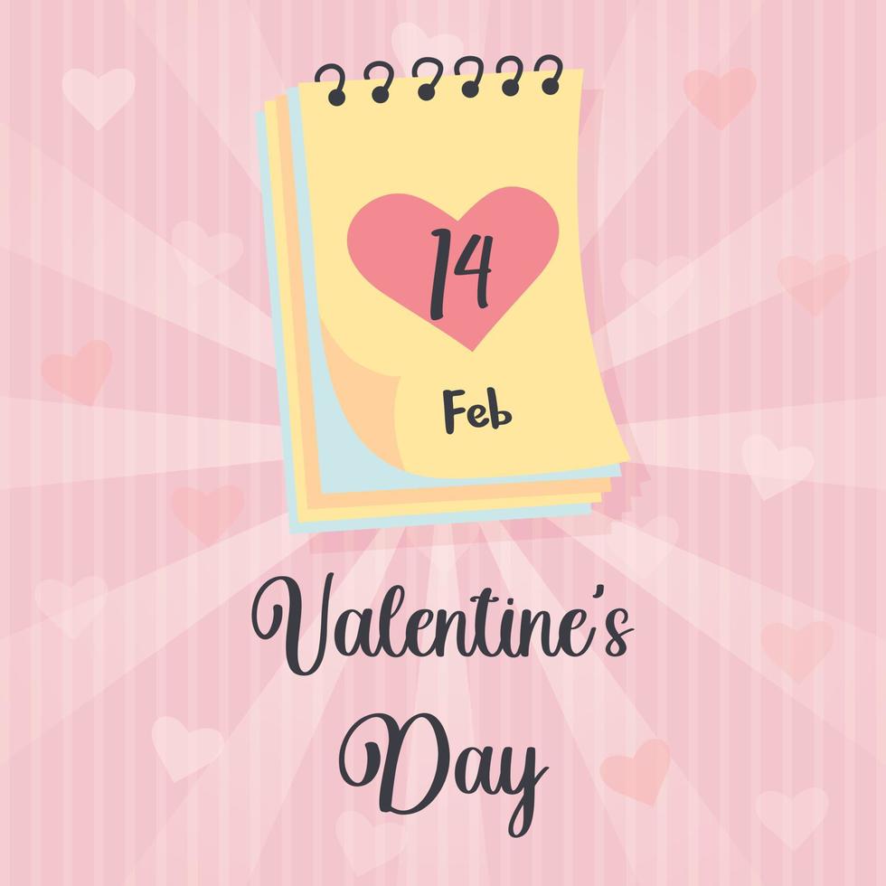 Valentines Day Paper Calendar. 14 February date. Pink vintage sunbeam background with hearts. Valentines day greeting card. vector