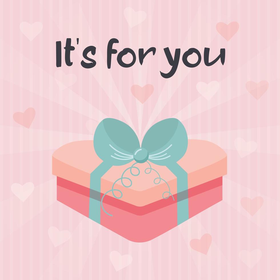 Decorative gift box with bow and ribbon. Its for you text. Pink vintage sunbeam background with hearts. Valentines day card. vector