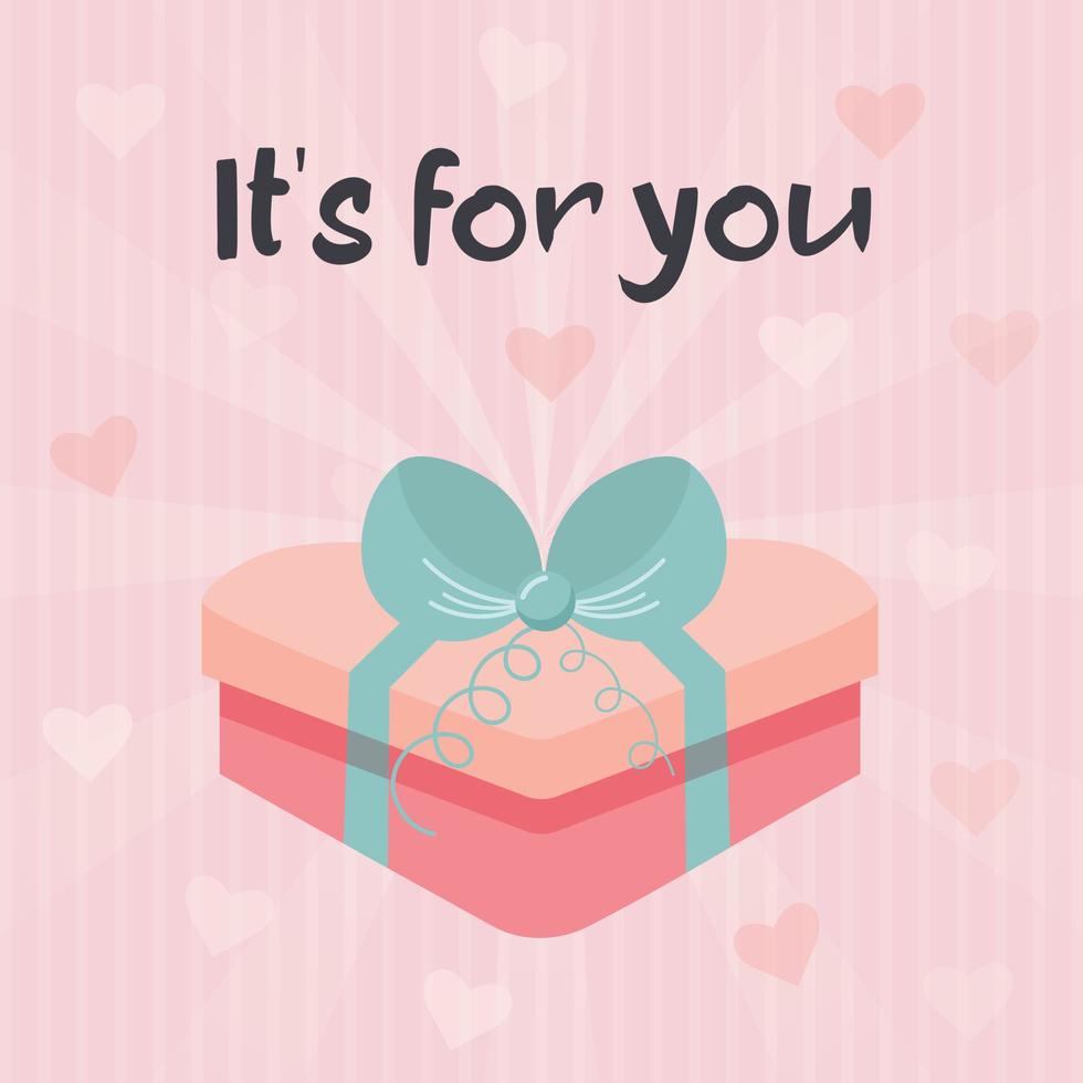 Decorative gift box with bow and ribbon. Its for you text. Pink vintage sunbeam background with hearts. Valentines day card. vector