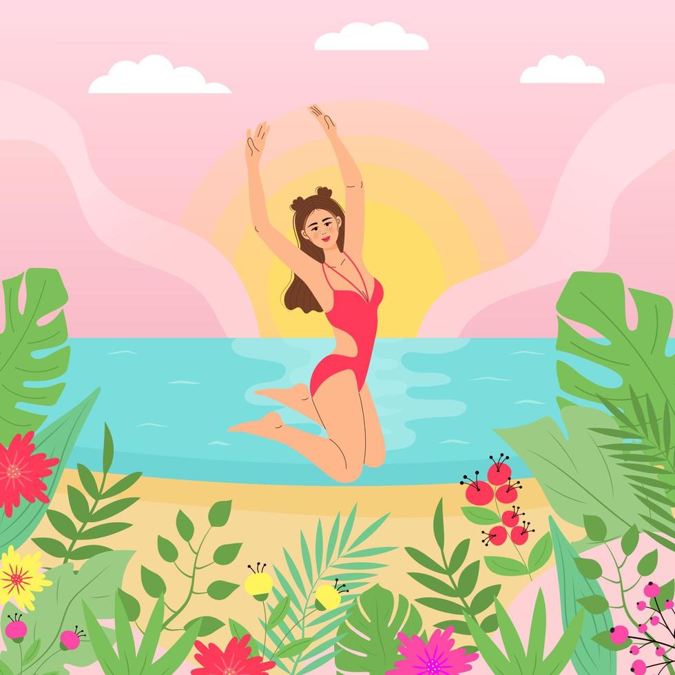 hermosa chica en traje de baño saltando en la playa. paisaje marino exótico de verano. flores y plantas tropicales alrededor. vector