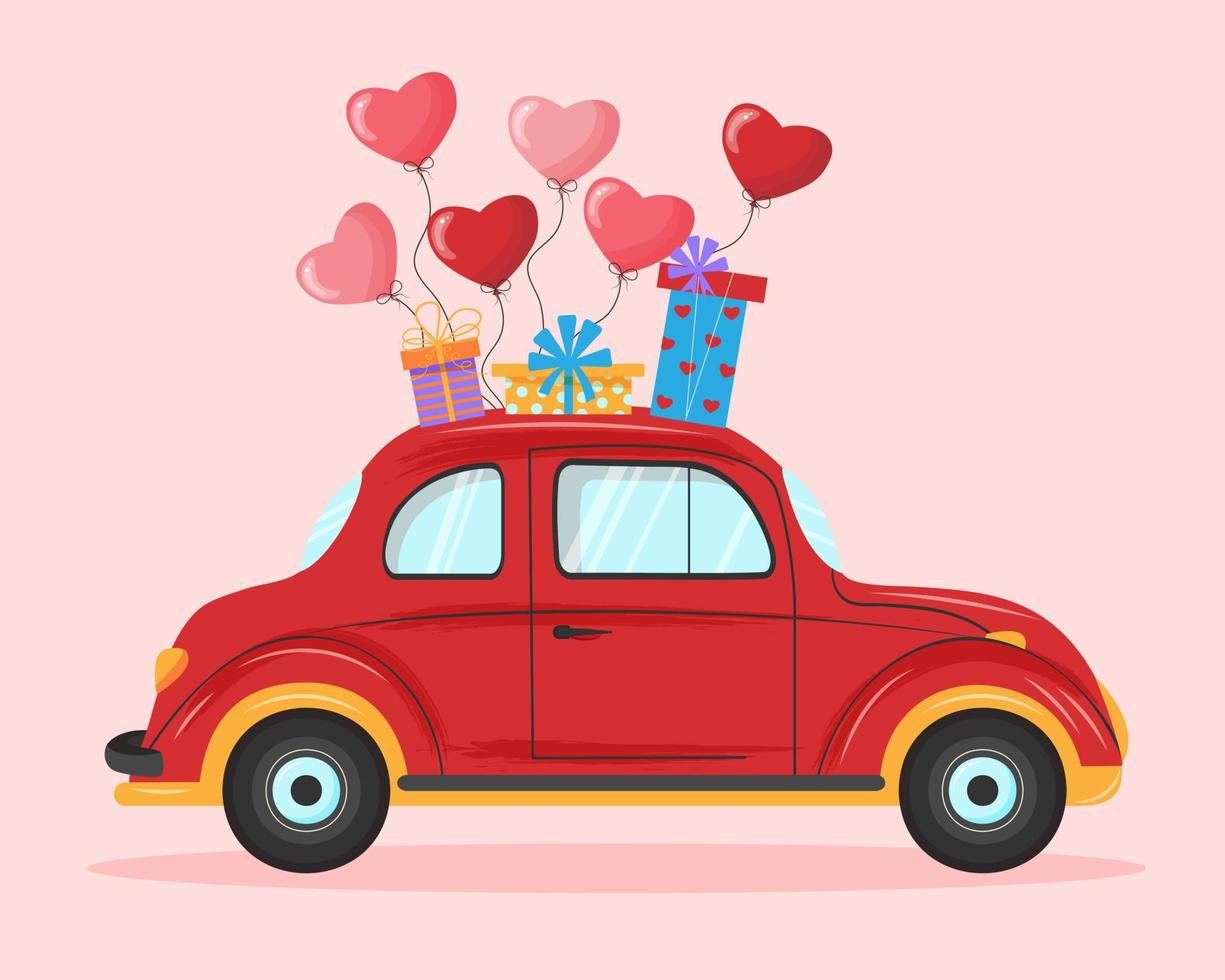 Retro red car with heart balloons and gift boxes. Postcard for Valentine's Day, wedding. Cartoon vector illustration.