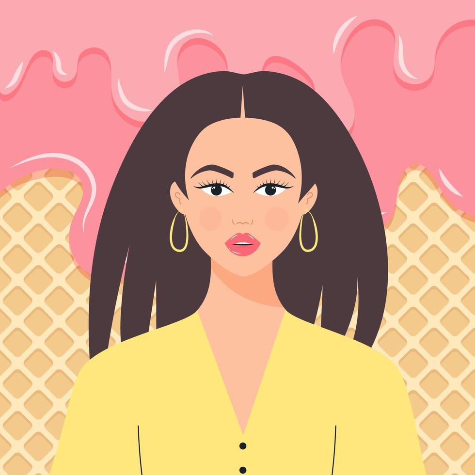 Portrait of a young beautiful woman. Avatar of girl on the background of ice cream. vector