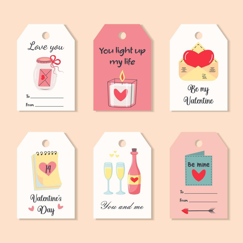 conjunto de etiquetas de regalo de san valentín. etiquetas románticas con citas de amor. San Valentín, matrimonio, boda, cumpleaños, amor, concepto romántico. vector