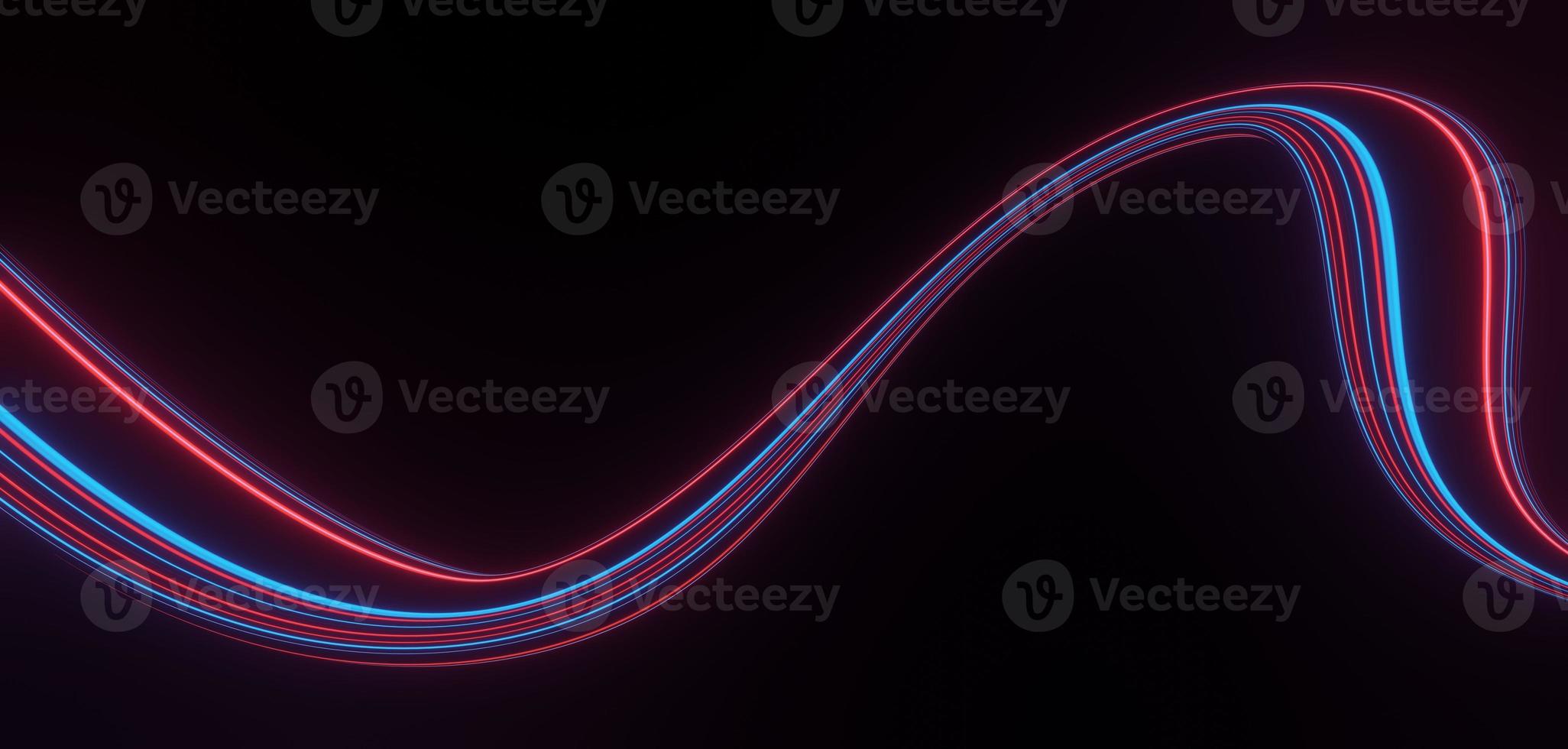 3d render of flash neon and light glowing on dark scene. Speed light moving lines. photo