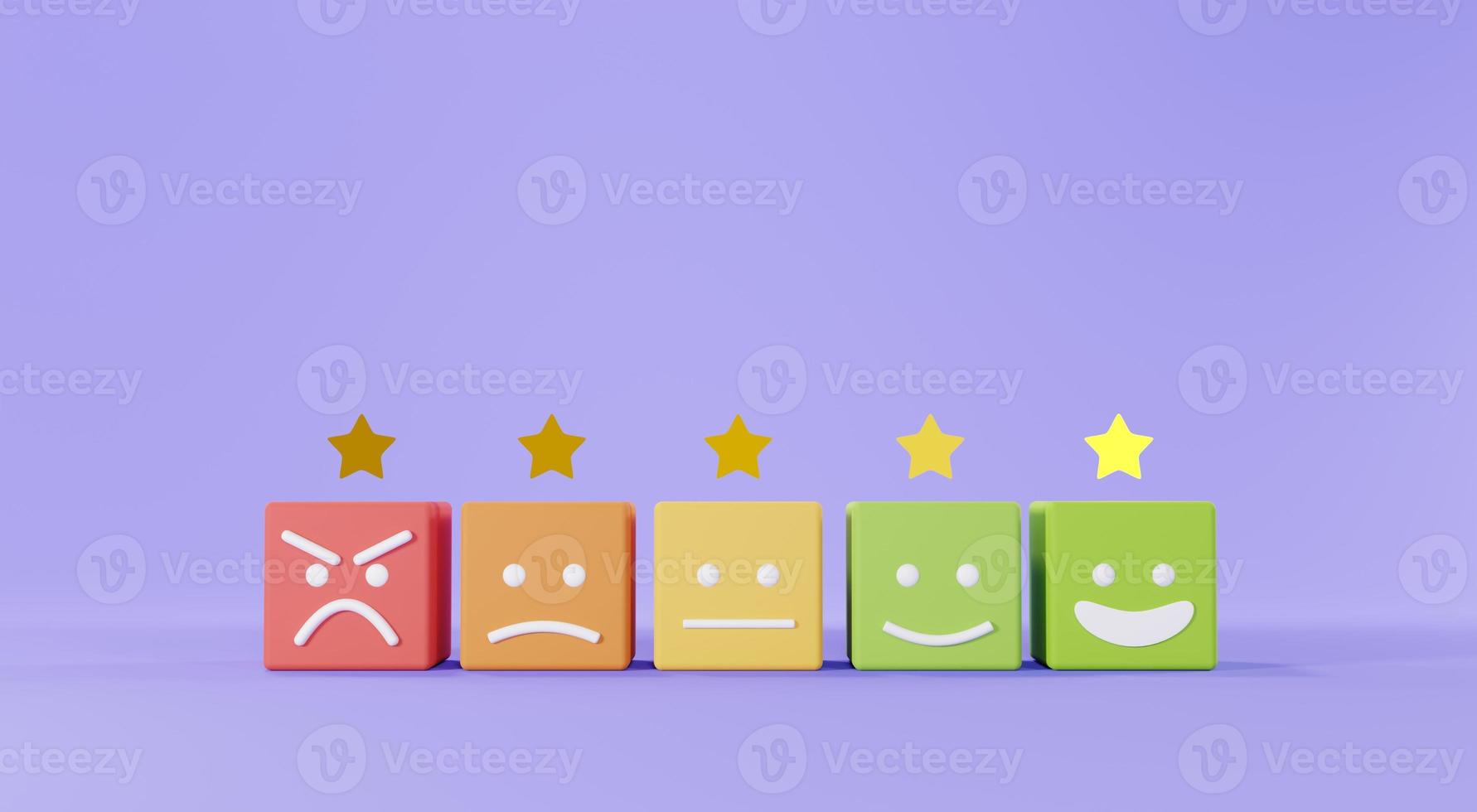 3d render of Customer satisfaction Choices rating from bad to good with star light. Minimal design concept on pastel purple background. Users give rating for evaluation. photo