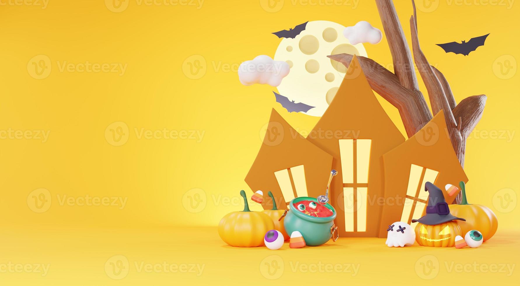 3d Render, Happy Halloween Day background with night scene and cute spooky design. Halloween pumpkins, skull, ghost and spider decorations on dark purple background. Trick or Treat party celebrate. photo