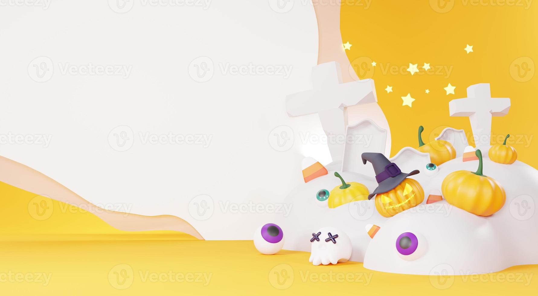 3d Render, Happy Halloween Day background with night scene and cute spooky design. Halloween pumpkins, skull, ghost and spider decorations on dark orange background. Trick or Treat party celebrate. photo