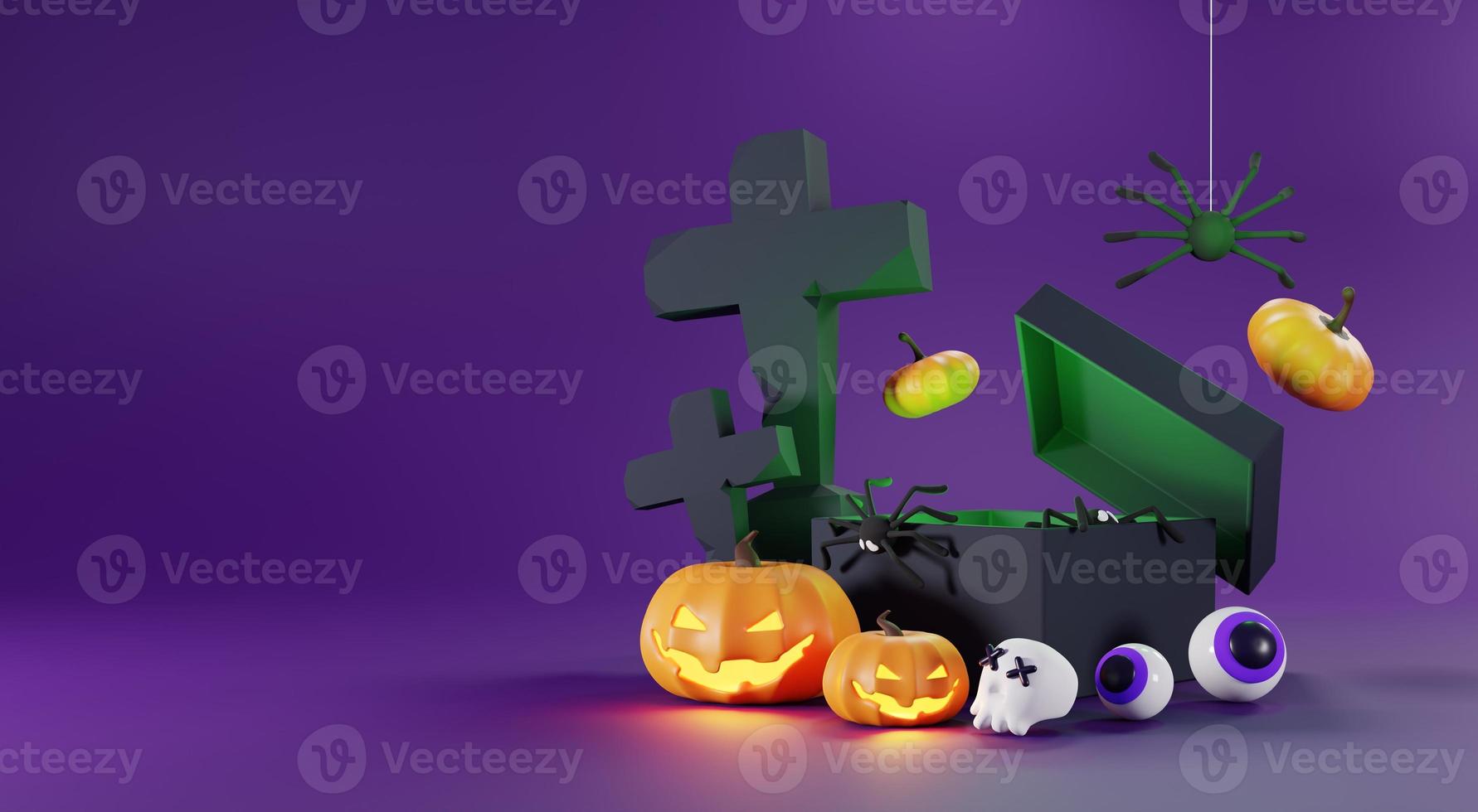 3d Render, Happy Halloween Day background with night scene and cute spooky design. Halloween pumpkins, skull, ghost and spider decorations on dark purple background. Trick or Treat party celebrate. photo