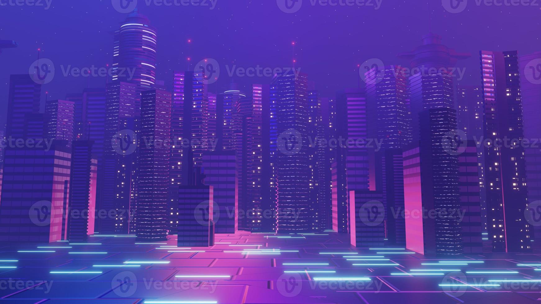 3d render of Cyber punk night city landscape concept. Light glowing on dark scene.  Night life. Technology network for 5g. Beyond generation and futuristic of Sci-Fi Capital city and building scene. photo