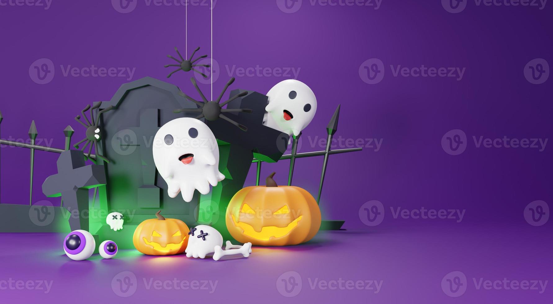 3d Render, Happy Halloween Day background with night scene and cute spooky design. Halloween pumpkins, skull, ghost and spider decorations on dark purple background. Trick or Treat party celebrate. photo