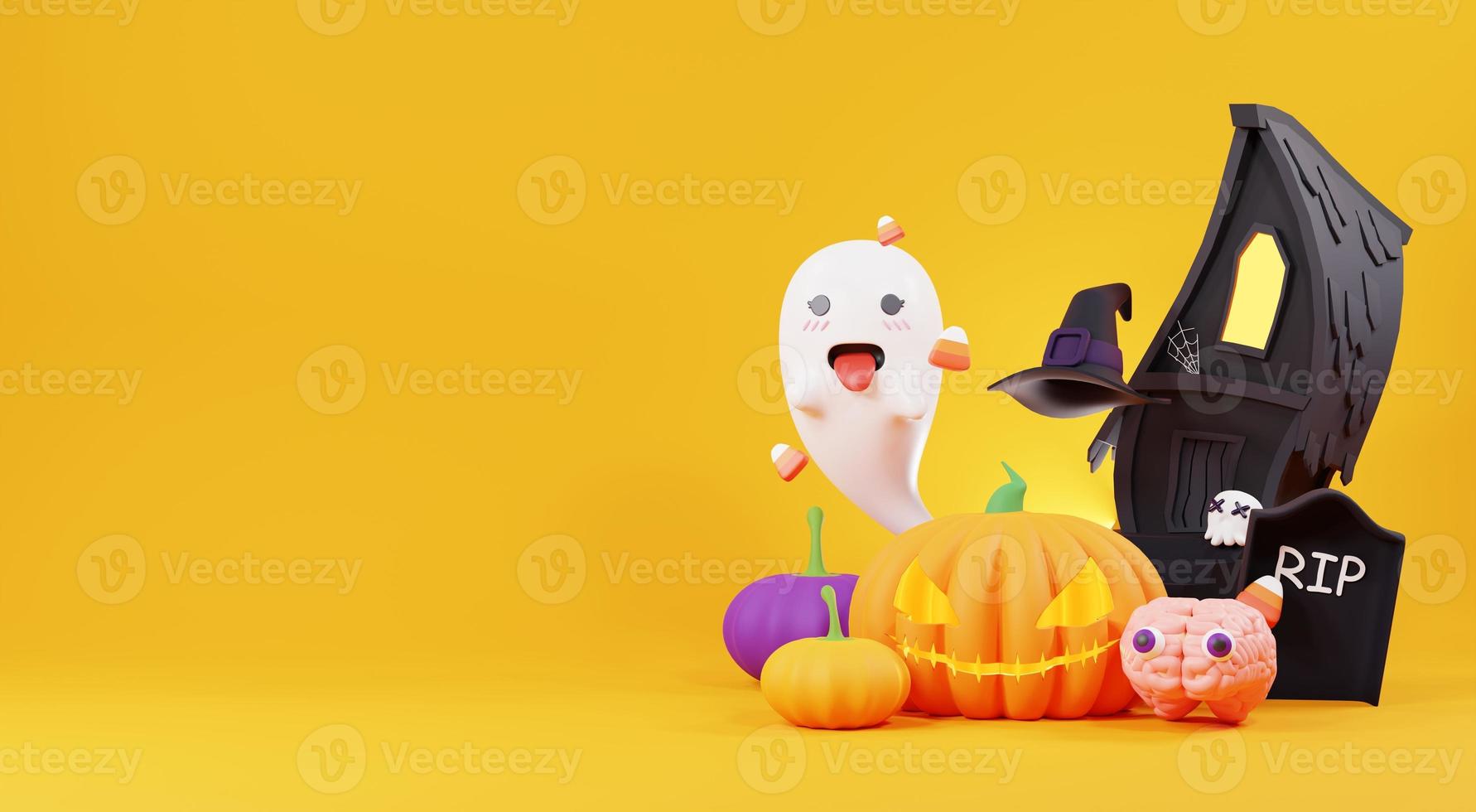 Render 3d, fondo de feliz día de halloween con producto de soporte de podio y escena nocturna y lindo diseño espeluznante. calabazas de Halloween, decoraciones de calaveras, fantasmas y arañas sobre fondo naranja oscuro. foto