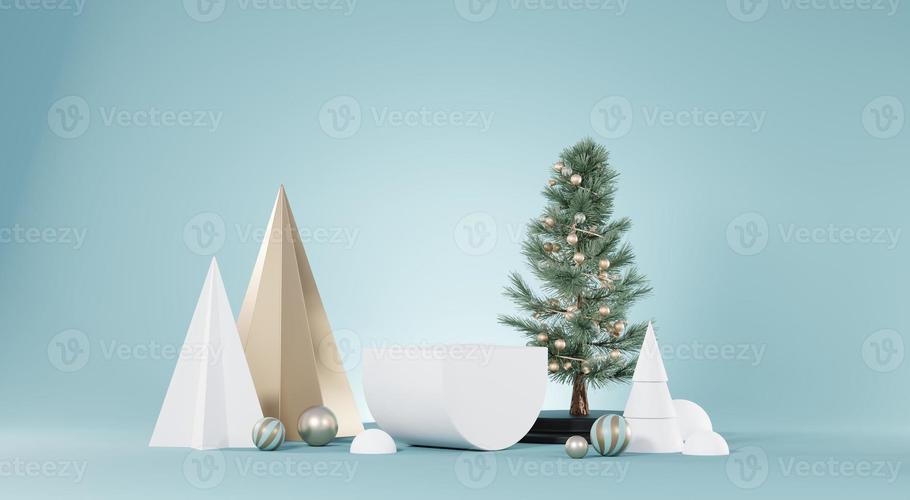3d Render Merry Christmas Podium platforms scene decorate with christmas tree, gifts, ball and snowflakes in winter season theme. Abstract minimal pedestal product display Festivel Xmas. photo
