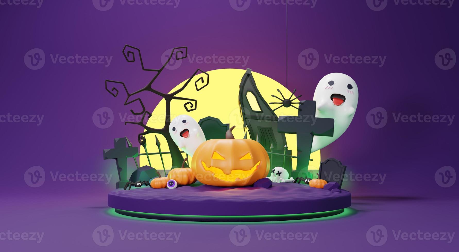 3d Render, Happy Halloween Day background with night scene and cute spooky design. Halloween pumpkins, skull, ghost and spider decorations on dark purple background. Trick or Treat party celebrate. photo