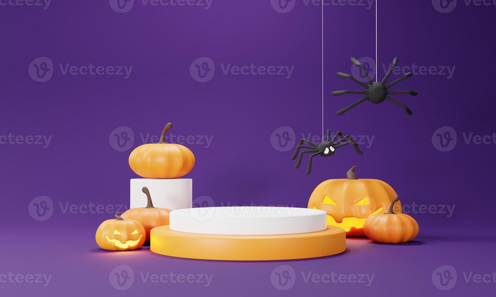 3d Render, Happy Halloween Day background with Podium stand product and night scene and cute spooky design. Halloween pumpkins, skull, ghost and spider decorations on dark purple background. photo