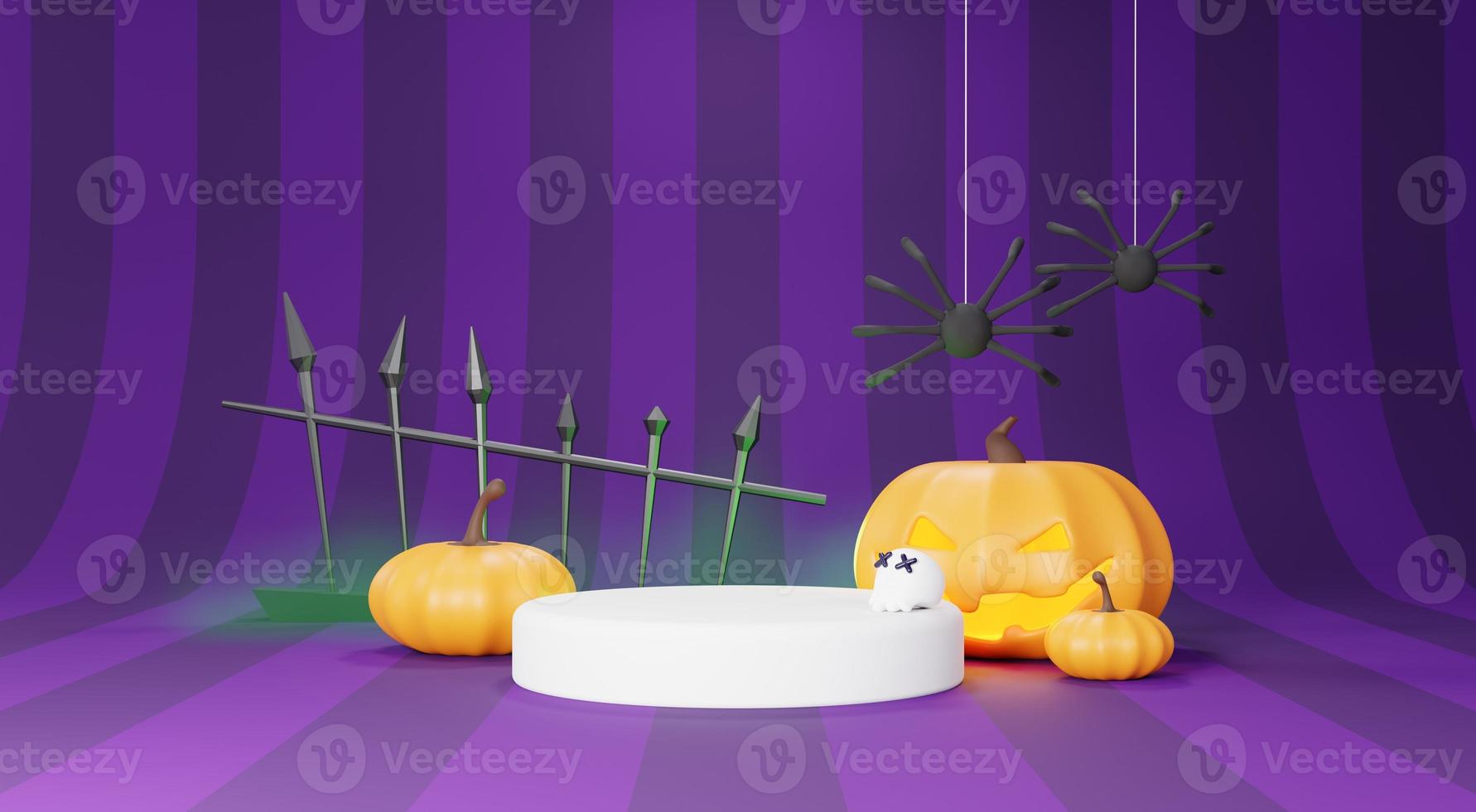 3d Render, Happy Halloween Day background with Podium stand product and night scene and cute spooky design. Halloween pumpkins, skull, ghost and spider decorations on dark purple background. photo